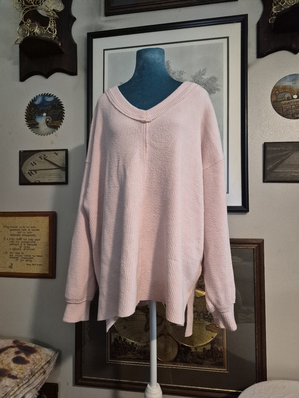 Aerie Pale Pink Oversized Waffle Knit V-Neck Pullover Sweater XL